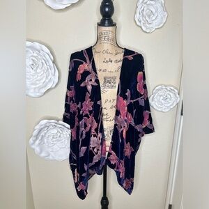 Entro Velvet Navy Blue & Burgundy Sheer Floral Kimono Size Medium/Large